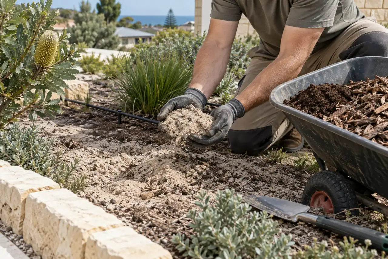 Garden worker examining pale sandy soil beside organic soil improver in a coastal Perth garden